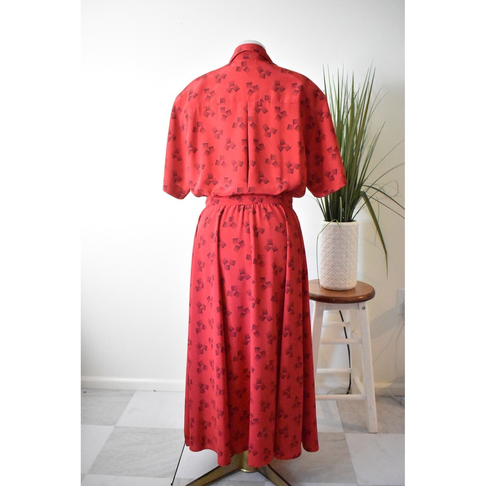 Liz Claiborne Shirt Dress Womens 12 Red 80s Shoulder Pad Geometric Midi 241 - Picture 5 of 10